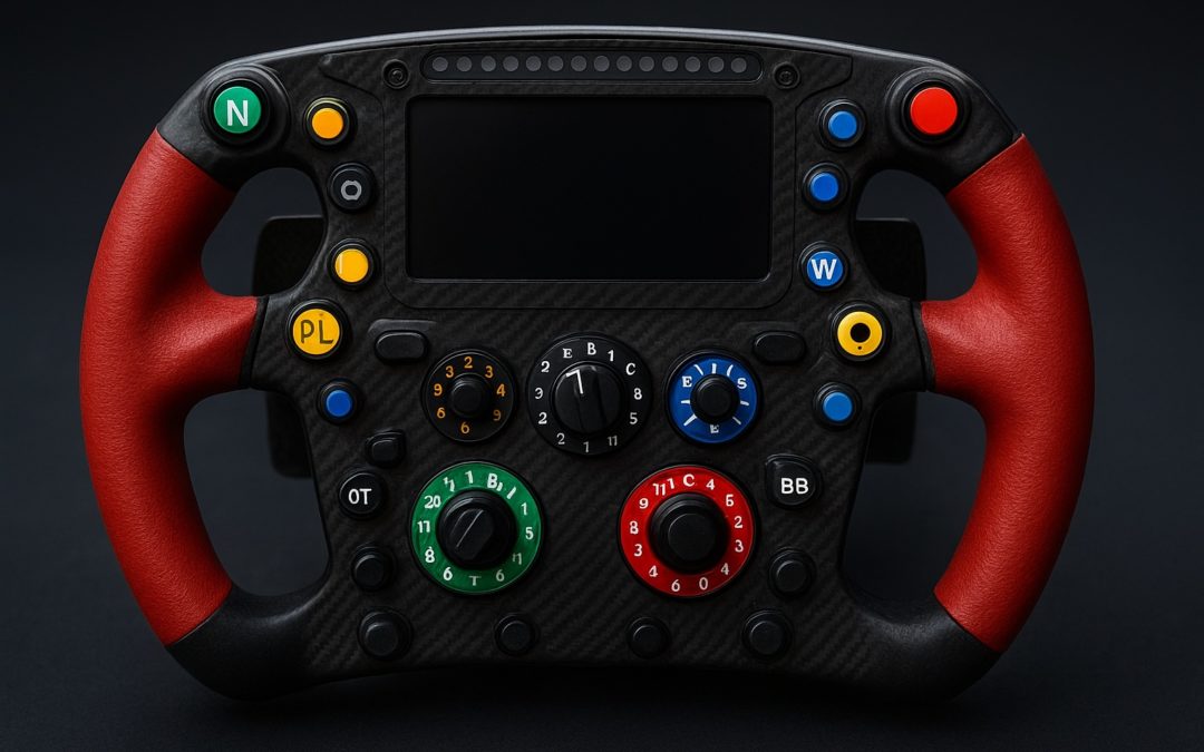 Volant de voiture de course symbolisant le système nerveux, avec de nombreux boutons colorés représentant les fonctions du corps et des émotions.