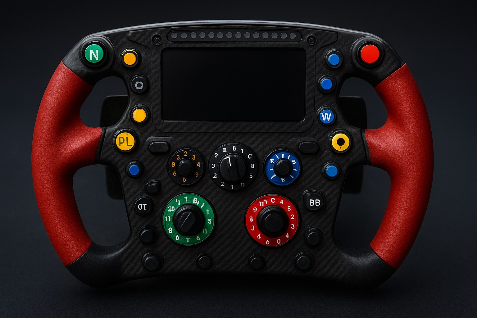 Volant de voiture de course symbolisant le système nerveux, avec de nombreux boutons colorés représentant les fonctions du corps et des émotions.